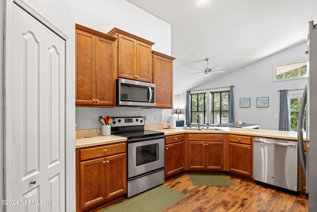 kitchen with sink, vaulted ceiling, appliances with stainless steel finishes, dark hardwood / wood-style floors, and kitchen peninsula