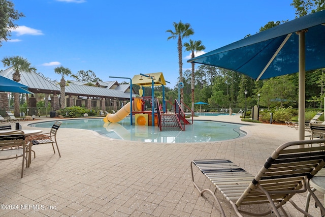 view of playground with a community pool