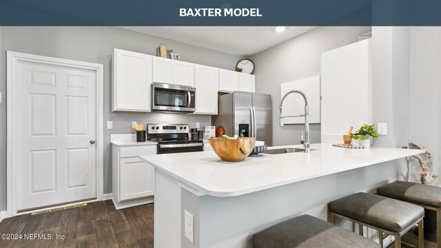 kitchen with sink, white cabinetry, appliances with stainless steel finishes, dark hardwood / wood-style floors, and kitchen peninsula