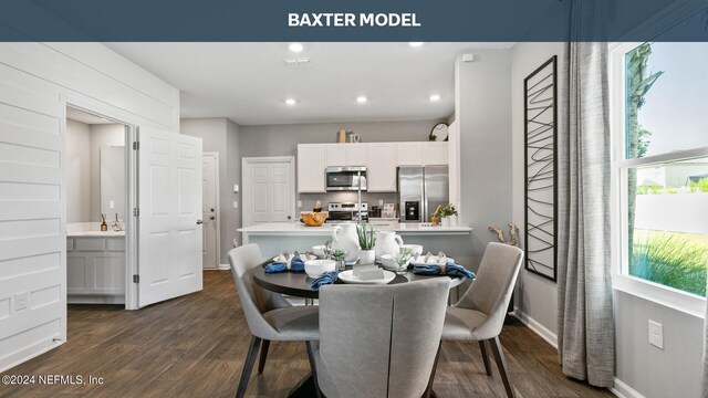 dining area featuring sink, a wealth of natural light, and dark hardwood / wood-style flooring