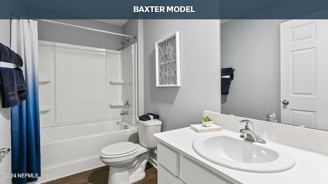 full bath featuring vanity, toilet, wood finished floors, and shower / tub combo with curtain