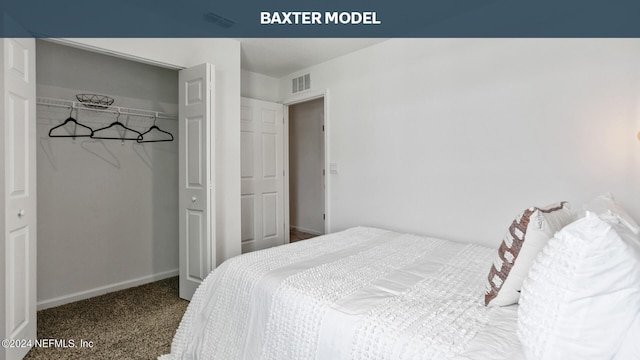 carpeted bedroom featuring visible vents, baseboards, and a closet