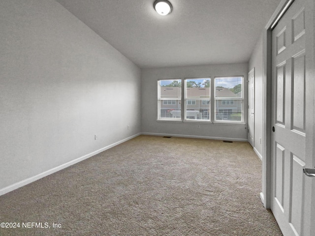 spare room featuring lofted ceiling, carpet flooring, and a textured ceiling