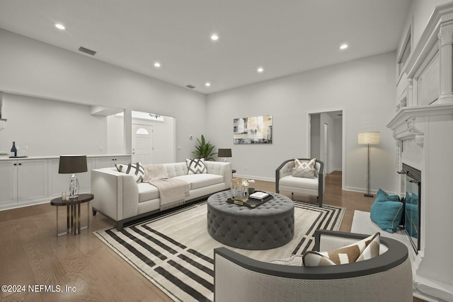 living room featuring hardwood / wood-style flooring and a premium fireplace