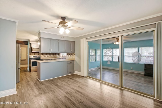 kitchen featuring gray cabinetry, stainless steel appliances, a peninsula, wood finished floors, and ornamental molding