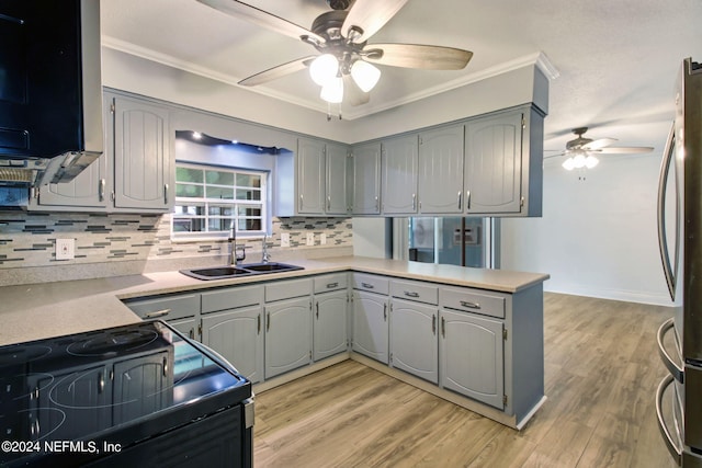 kitchen featuring light wood finished floors, electric range, a sink, and freestanding refrigerator