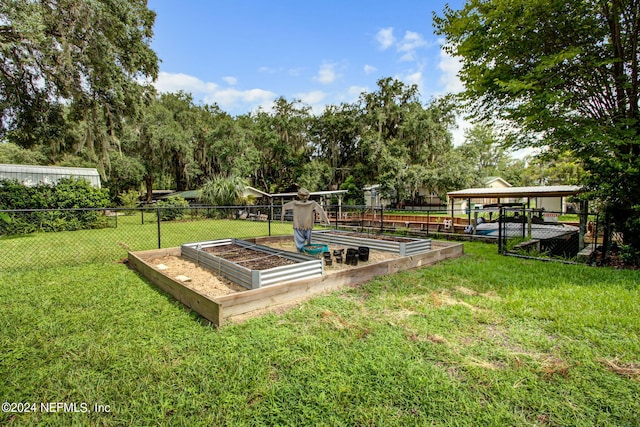 surrounding community with a yard, a vegetable garden, and fence