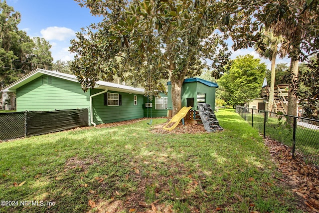 exterior space featuring a fenced backyard and a playground