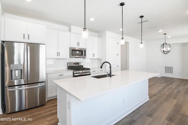 kitchen featuring white cabinetry, stainless steel appliances, a kitchen island with sink, and sink