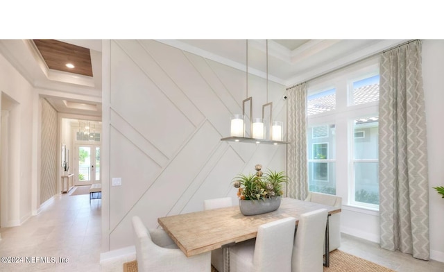 tiled dining space with ornamental molding