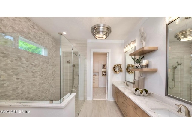 bathroom featuring a shower with door and vanity