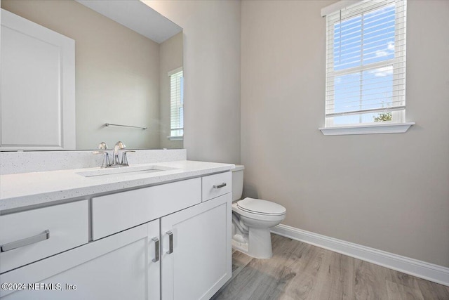 bathroom with hardwood / wood-style flooring, vanity, and toilet