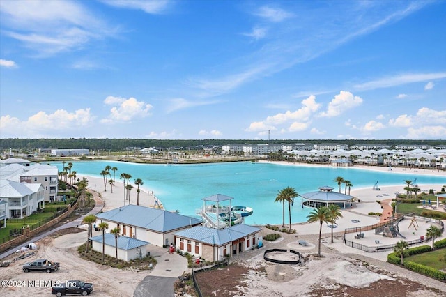 view of water feature with a beach view