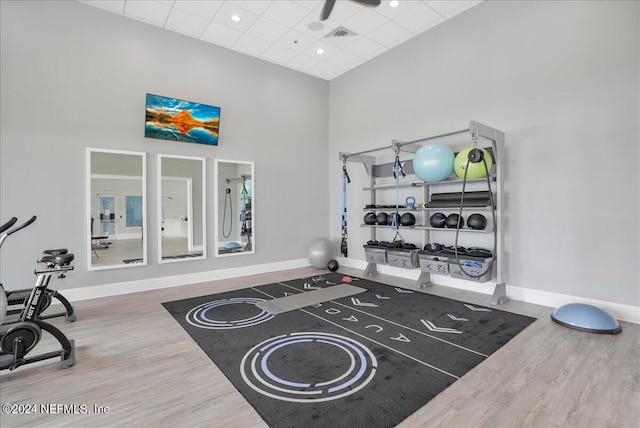 workout room featuring a towering ceiling, hardwood / wood-style floors, and a drop ceiling