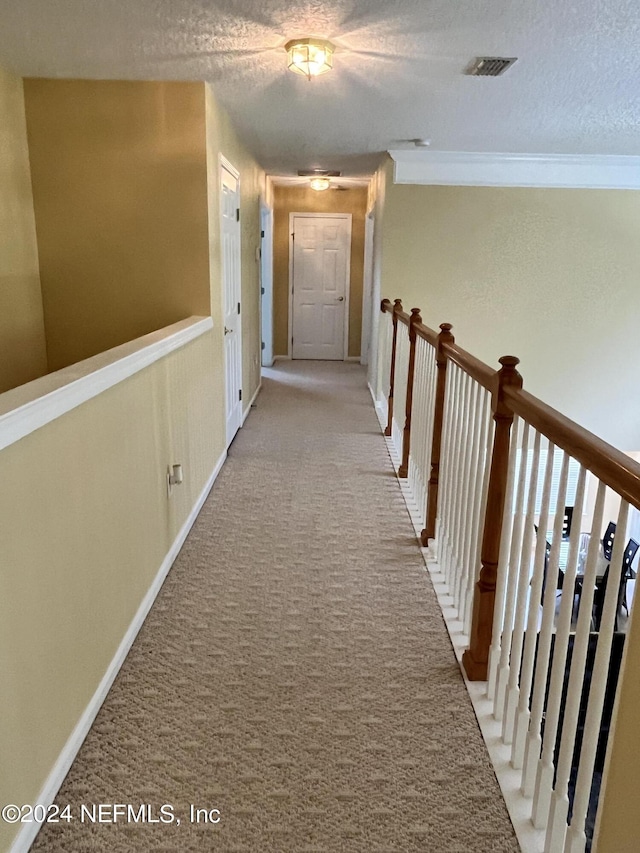 hall featuring visible vents, a wainscoted wall, light colored carpet, and a textured ceiling