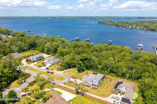 drone / aerial view with a water view