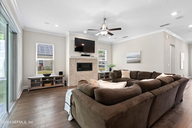 living room with dark hardwood / wood-style flooring, ceiling fan, ornamental molding, and a textured ceiling