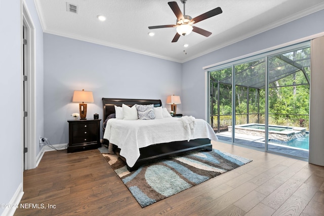 bedroom with hardwood / wood-style floors, crown molding, access to outside, and ceiling fan