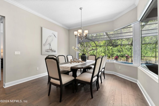 dining space featuring crown molding, dark wood-type flooring, and a textured ceiling