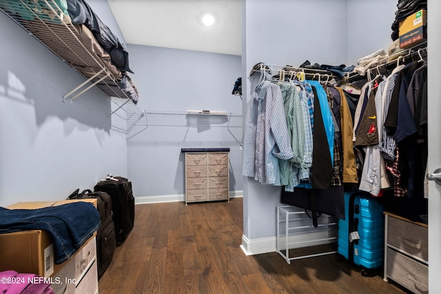 walk in closet with dark hardwood / wood-style floors