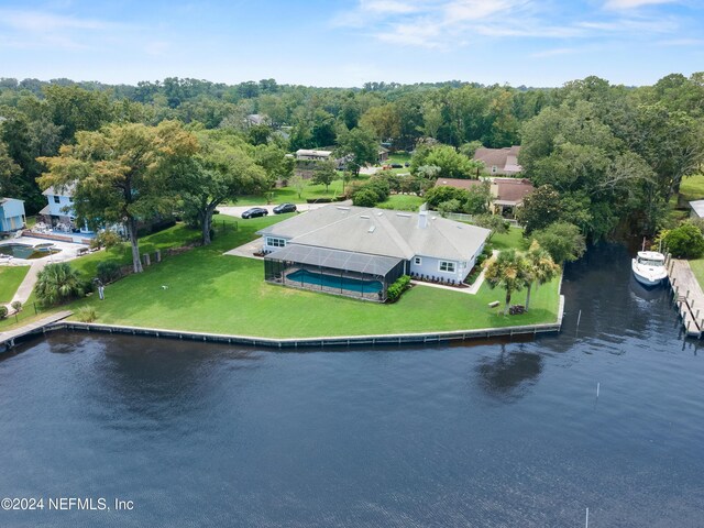 drone / aerial view featuring a water view