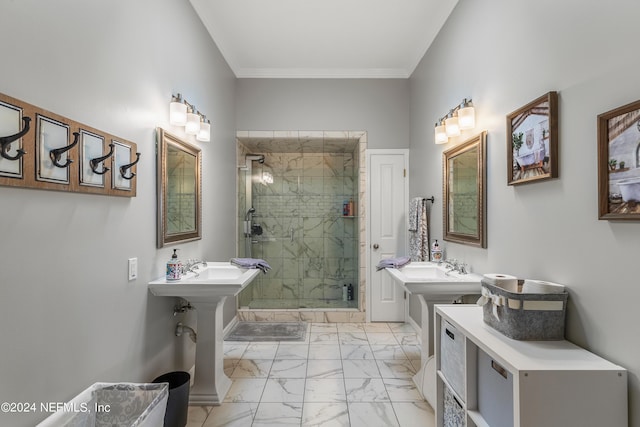 full bath featuring marble finish floor, crown molding, and a stall shower