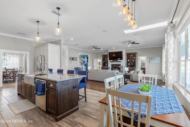 kitchen with stainless steel appliances, a sink, dark brown cabinetry, and a healthy amount of sunlight