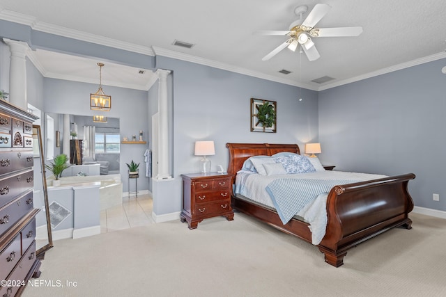 carpeted bedroom featuring baseboards, decorative columns, visible vents, and crown molding