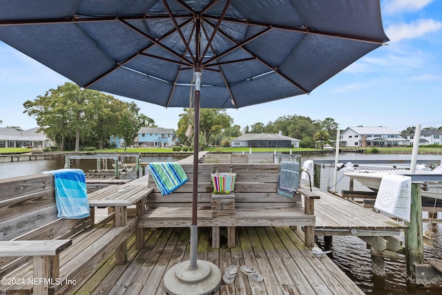 dock area with a water view and a residential view