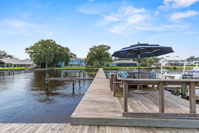 dock area featuring a residential view and a water view