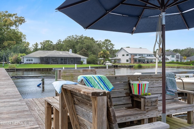 view of dock with a water view and a residential view