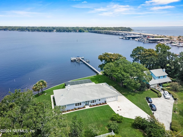 drone / aerial view featuring a water view