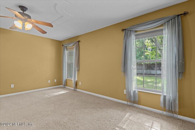 carpeted spare room with ceiling fan