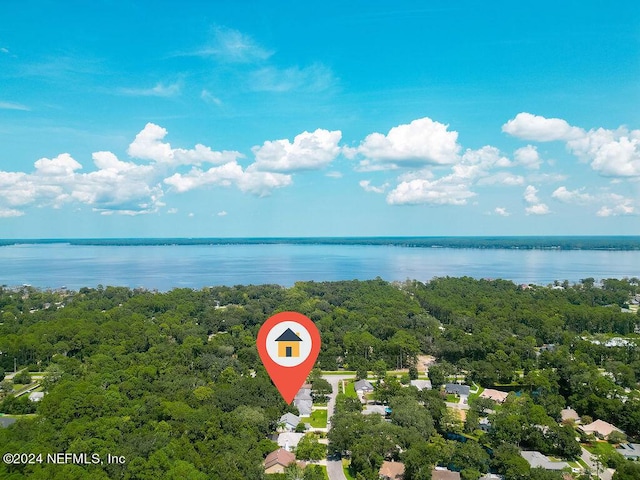 aerial view with a water view and a forest view