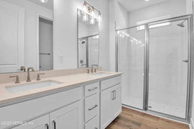 bathroom featuring vanity, wood-type flooring, and a shower with shower door