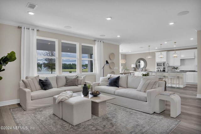 living room with light wood-type flooring and crown molding