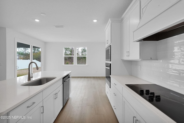 kitchen featuring backsplash, premium range hood, stainless steel appliances, white cabinetry, and a sink