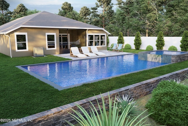 view of swimming pool with an in ground hot tub, a yard, and a patio area