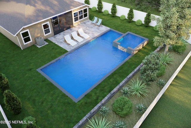 view of swimming pool with a yard, a patio area, and an in ground hot tub