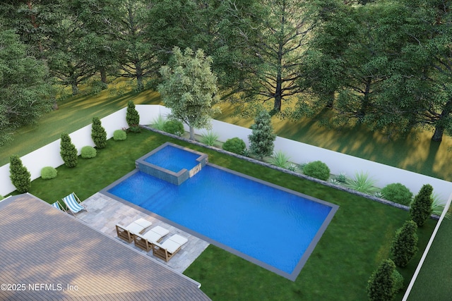 view of swimming pool featuring a yard and an in ground hot tub