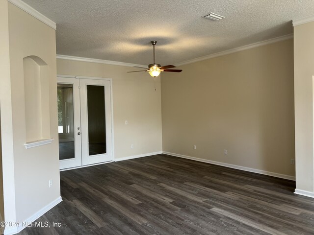 spare room with french doors, crown molding, a textured ceiling, ceiling fan, and wood-type flooring