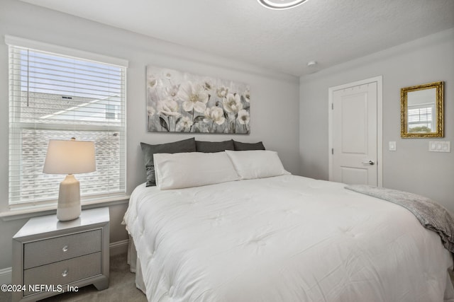 carpeted bedroom featuring a textured ceiling