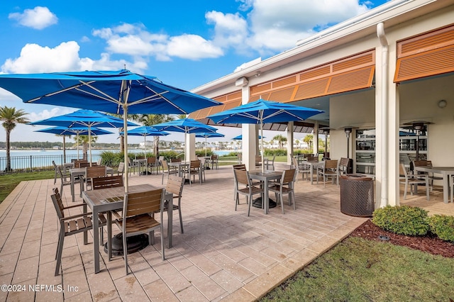 view of patio featuring a water view