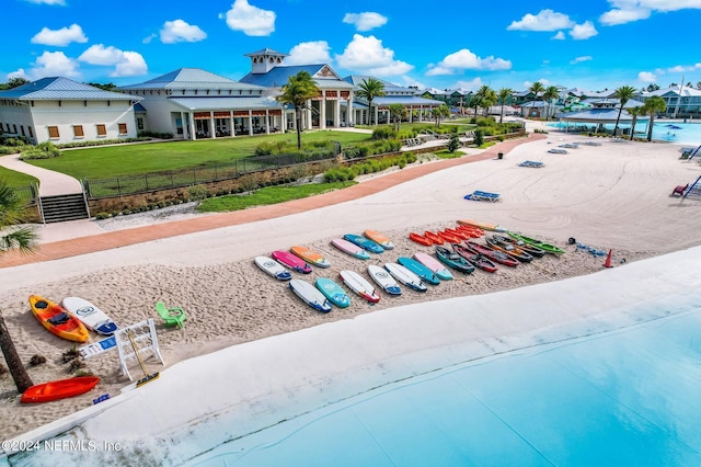 bird's eye view with a water view