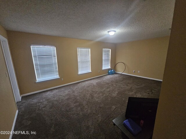 empty room with a textured ceiling and carpet flooring