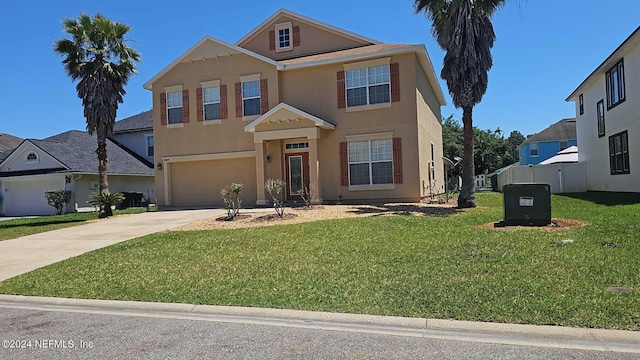 view of front of property featuring a garage and a front lawn