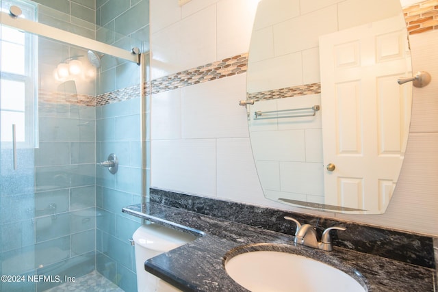 full bathroom featuring toilet, a shower stall, and vanity