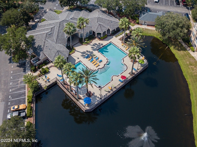 drone / aerial view with a water view