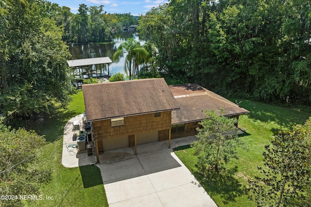 drone / aerial view with a water view