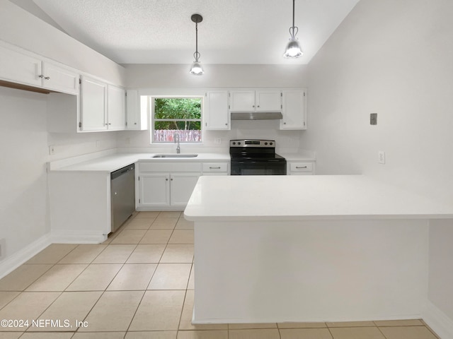 kitchen with sink, appliances with stainless steel finishes, vaulted ceiling, and light tile patterned floors